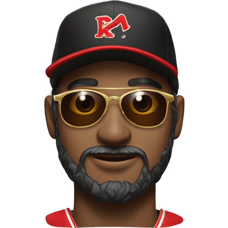 A brown-white man face with red bandana on head under a black baseball cap , sunglass created with gold in eye emoji