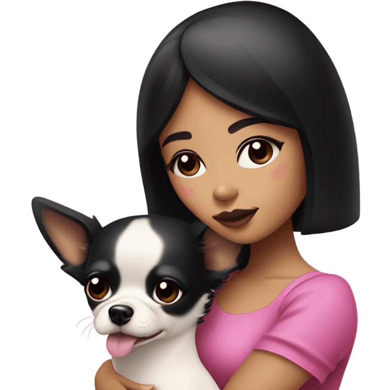 Thick medium black hair with black eyes and pink lip and pink cheek Filipino lady hugging lack and white Chihuahua  emoji