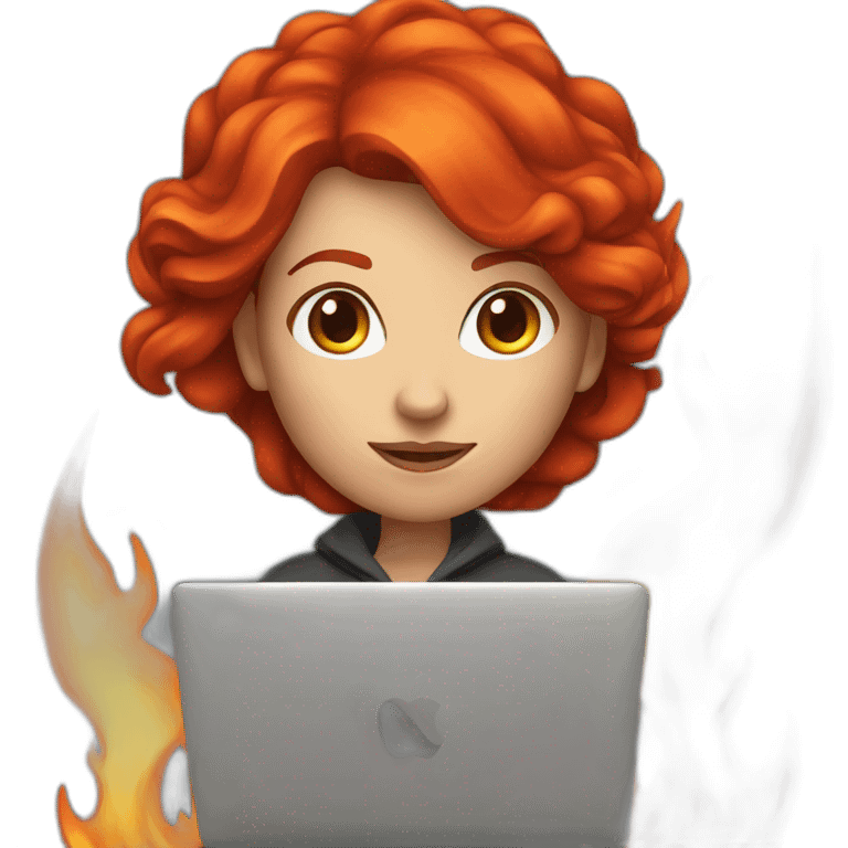 developer red hair woman with a macbook and a huge fire flame behind her emoji