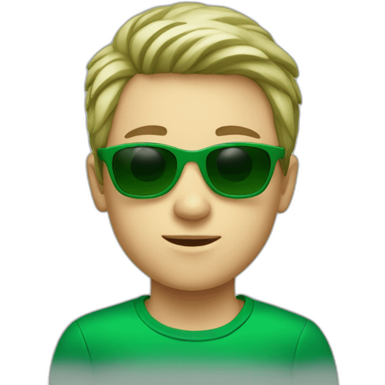 A young white boy with green cloth and green sunglasses emoji