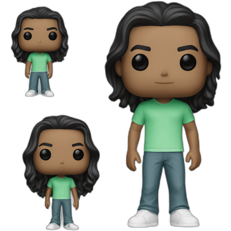 Young 18 years old boy, white, black hair, green eyes, long surfer hair, as a funko pop full fbody emoji