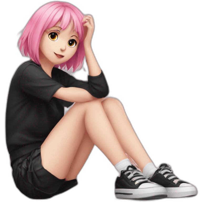 full body Front view emo girl sits on the floor black skirt pink knickers emoji