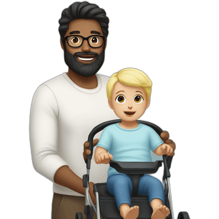 Black haired man with beard and glasses pushing buggy with blonde baby emoji