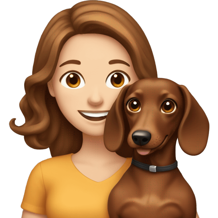 White girl with long brown hair holding a dachshund and smiling emoji