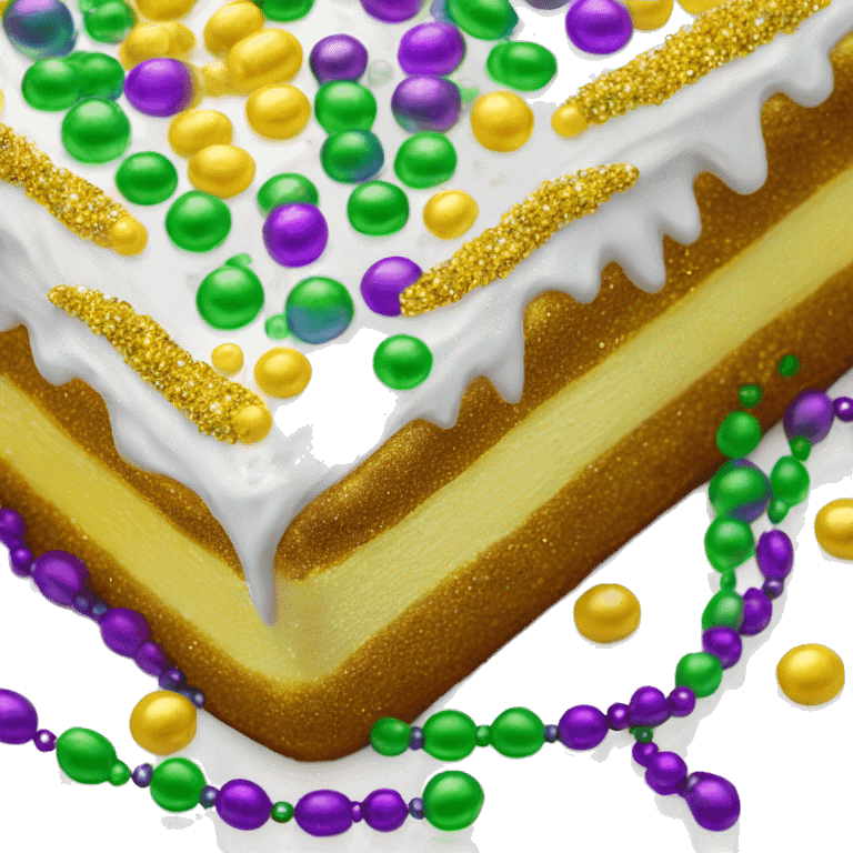 Realistic glitter icing king cake isolated with Mardi Gras beads layer across the top of the cake.  emoji