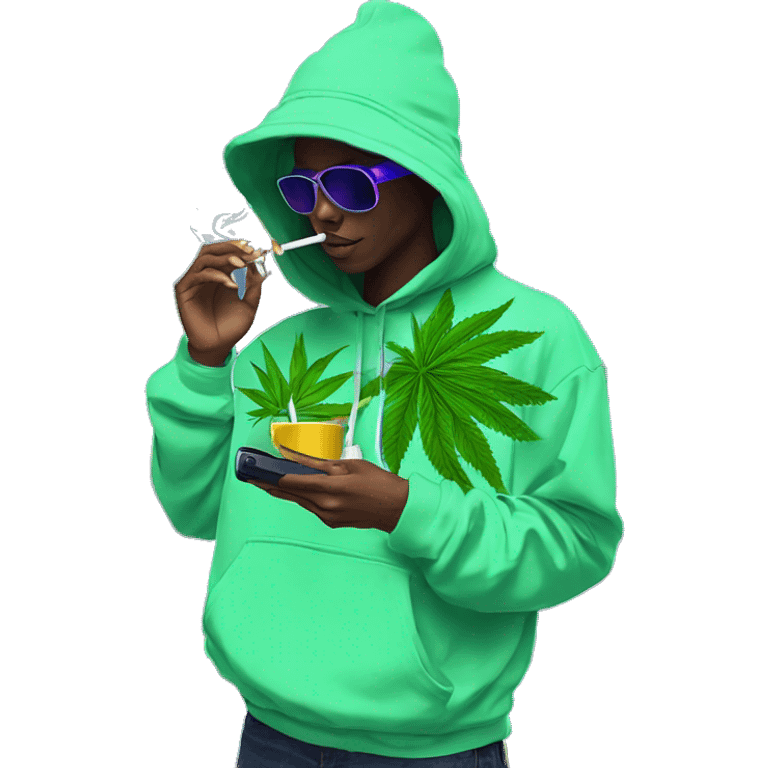 Hemp leaves Multicoloured neon person smoking wearing hoodie dancing hip hop bucket hat tropical Skater fashion aesthetic baggy clothes graphic t shirt 420 emoji