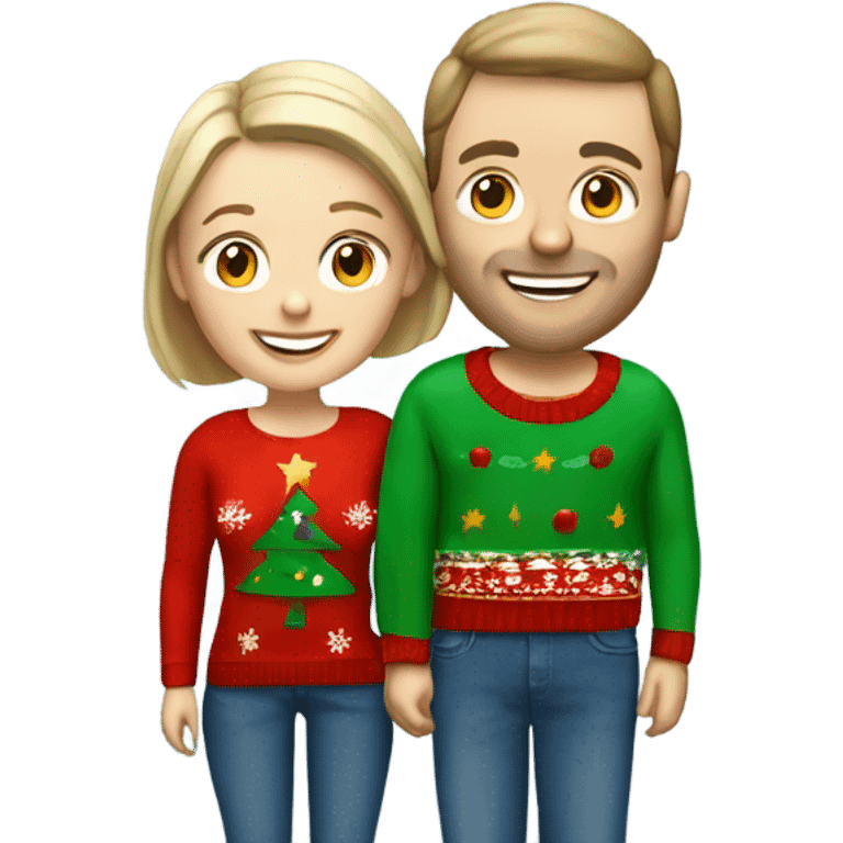 Happy white couple wearing Christmas jumper and blue jeans emoji