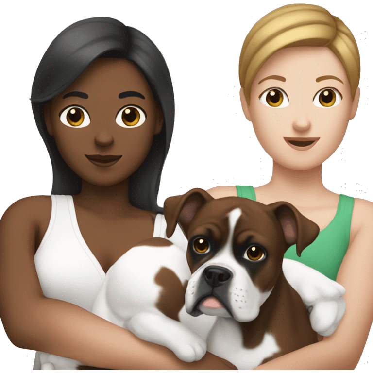 A white woman with brown hair holding her black and white boxer like a baby emoji