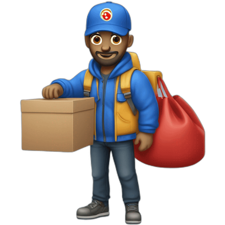 pizza delivery guy, black hat, blue bomber jacket and red pizza bag, holding a smaller bag with his hand, with the bag shaped like pizza boxes, without hair and with a clean beard emoji