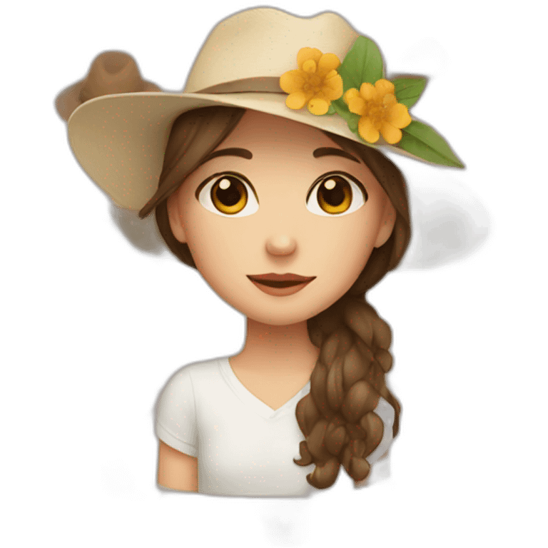 Girl with brown hair with hat and flower emoji