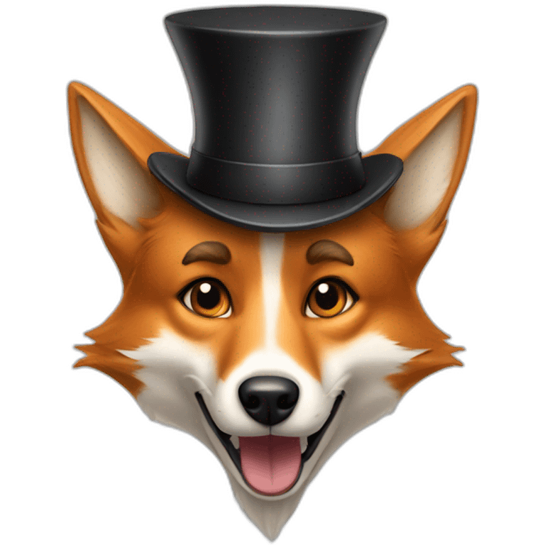 A dog looking like a fox, saying wtf, wesring a high hat emoji