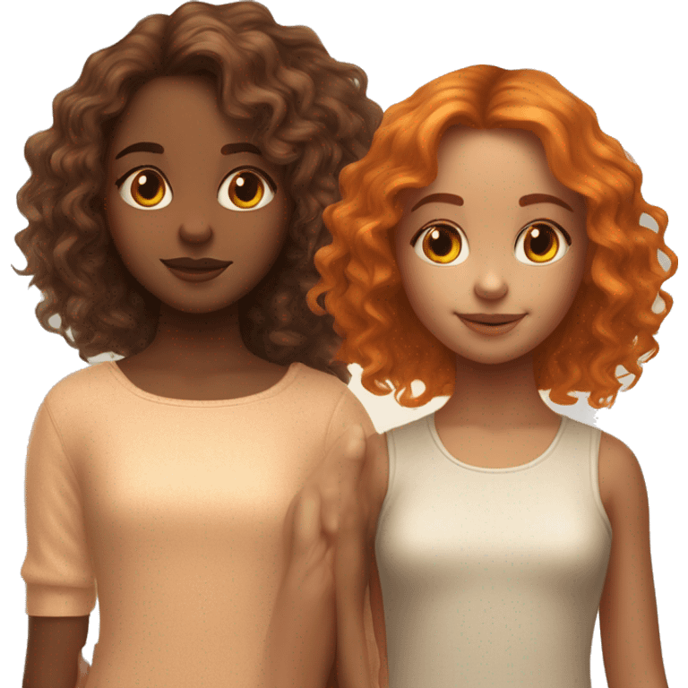 serene two girls. one has wavy brunette hair and the other has natural soft orange hair delicate fringe. standing together holding hands in gentle light. calm and content. hyper-realistic soft textures fine details glow on skin emoji