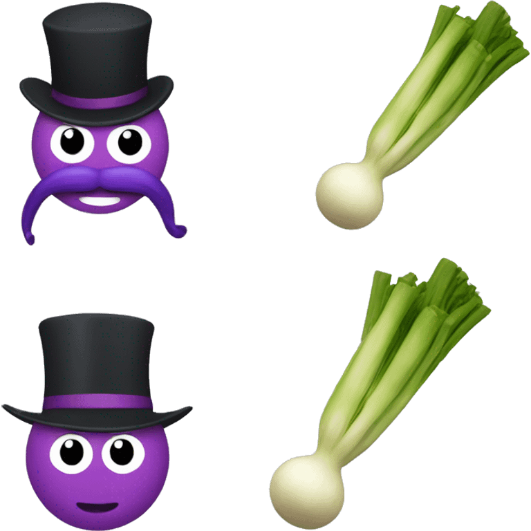 Make a Man holding a Leek wearing a tophat but the tophat has a purple band, has bubblegum emoji