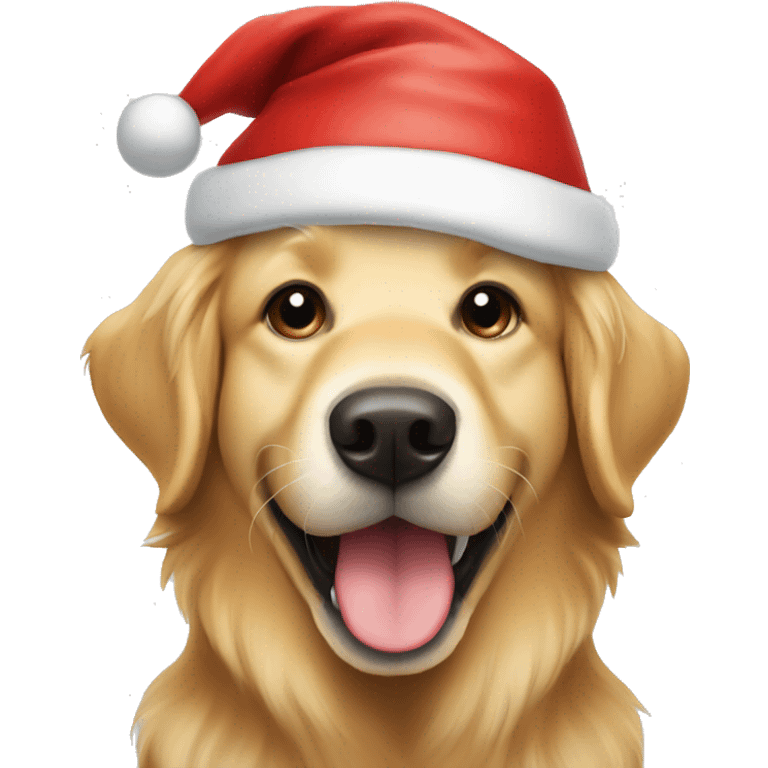 Golden retriever wearing a Santa hat smiling emoji