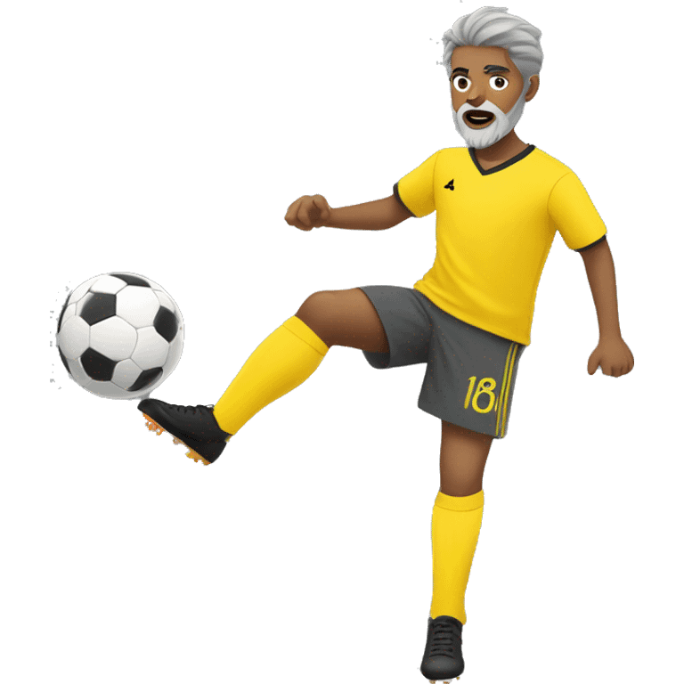 yellow skinned boy in gray soccer uniform and black shorts with gray beard  and hair kicking a soccer ball emoji