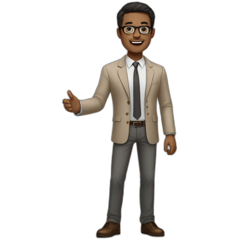 Full height Actively gesturing with hands Pale skinned black fit man with dark brown hair in gray jacket, beige office shirt, brown tie, brown pants and vintage glasses. emoji