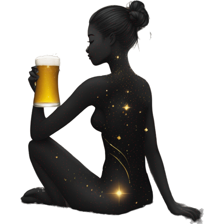 Ethereal galactic Girl wearing black and gold sat on a nebula galaxy drinking beer surrounded by golden stars and planets emoji