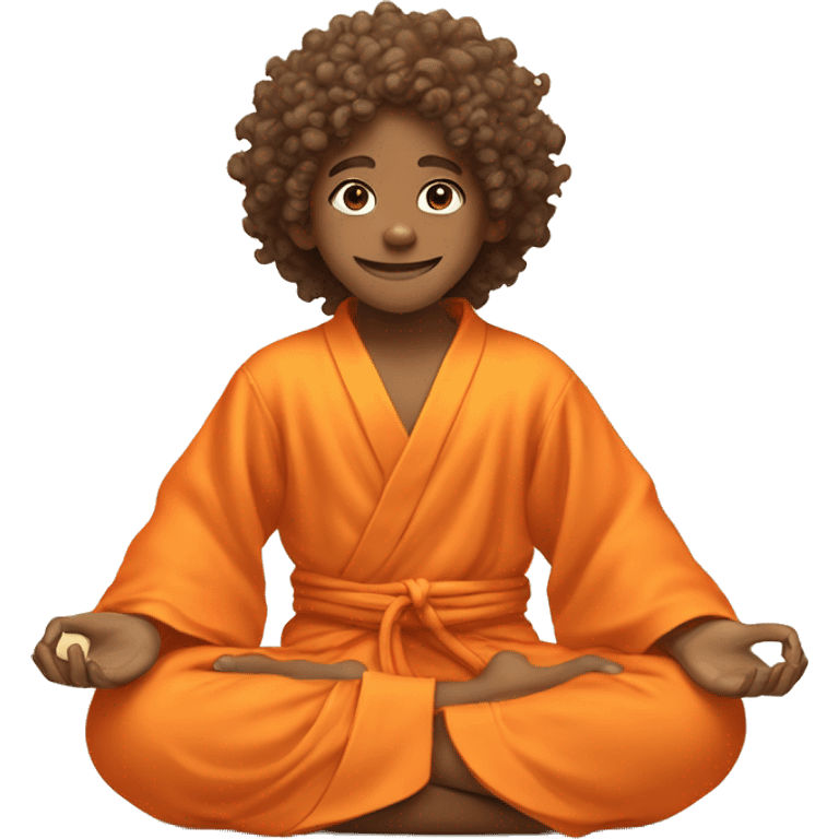 happy kid in an orange spiritual robe, curly hair, meditating in lotus position emoji