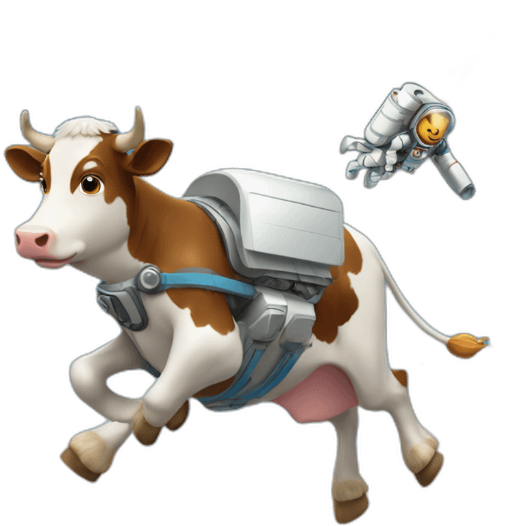 side-on view of cow flying to space while wearing a jetpack with legs being pushed back by the wind emoji