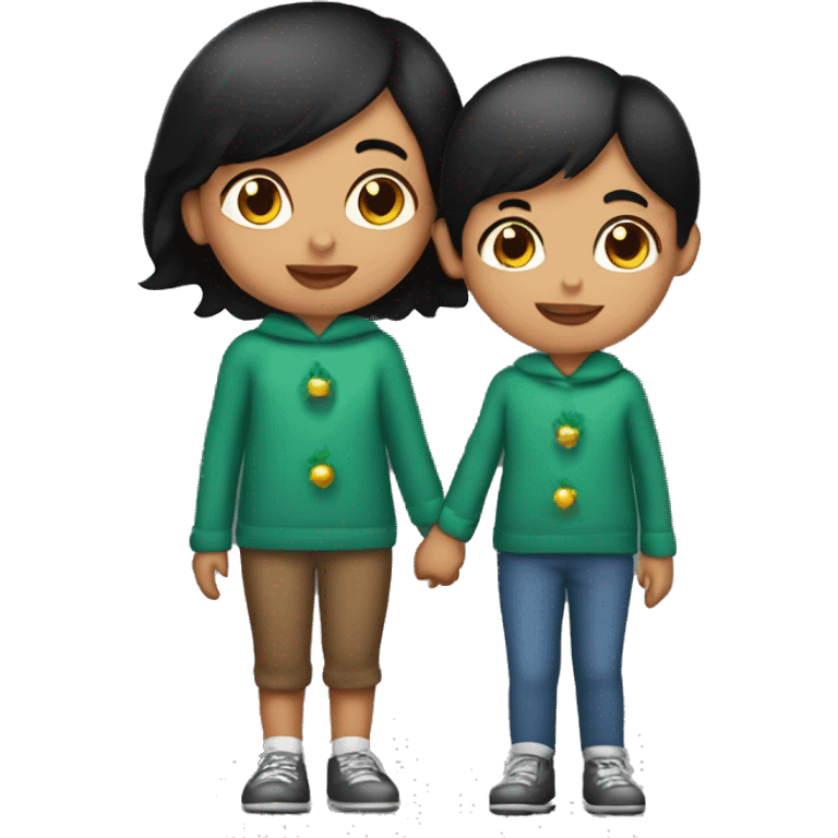 Hispanic girl with short black straight hair holding little boys hand at Christmas parade  emoji