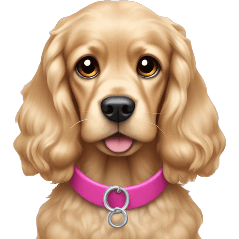 Blond cocker spaniel wearing a pink sleighbell emoji