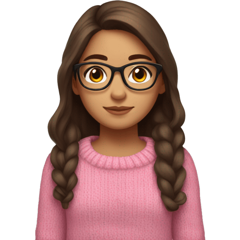 hispanic girl, long brown hair, brown eyes, full body, glasses, young, pink winter sweater emoji