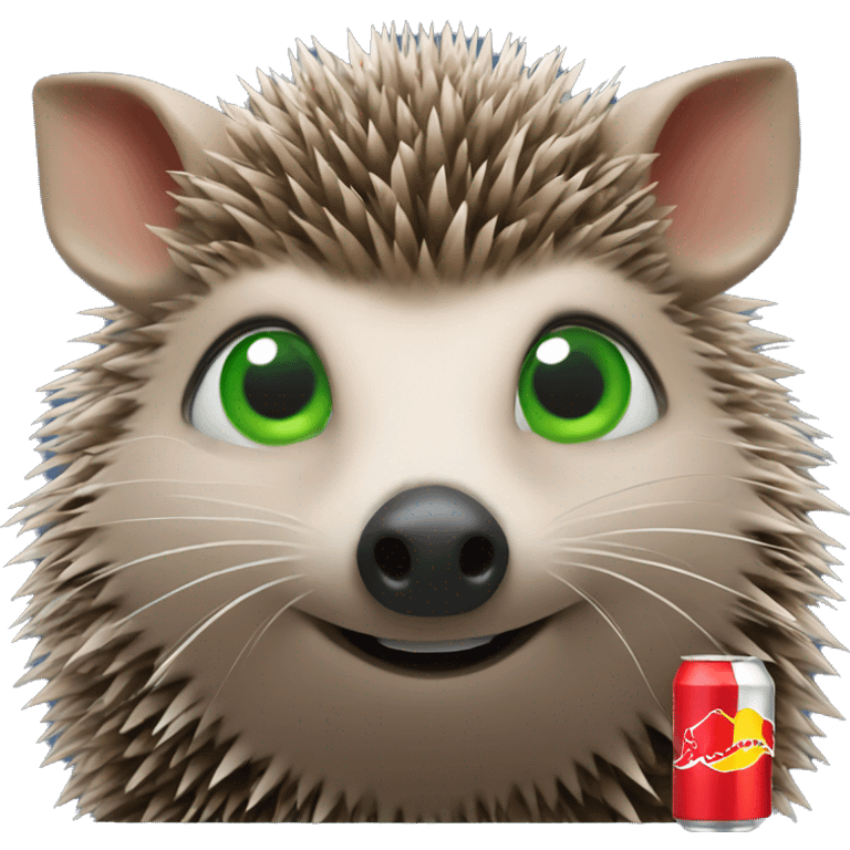 Hedgehog with green eyes and a Red Bull energy drink  emoji