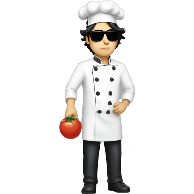 men with black sunglasses, black hair, dressed as chef, sad, with money in one hand and food on the other emoji