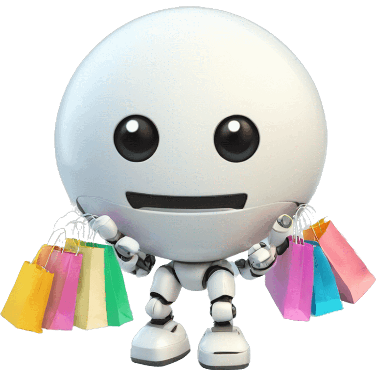 cute white floating spherical happy robot with floating shopping bags emoji