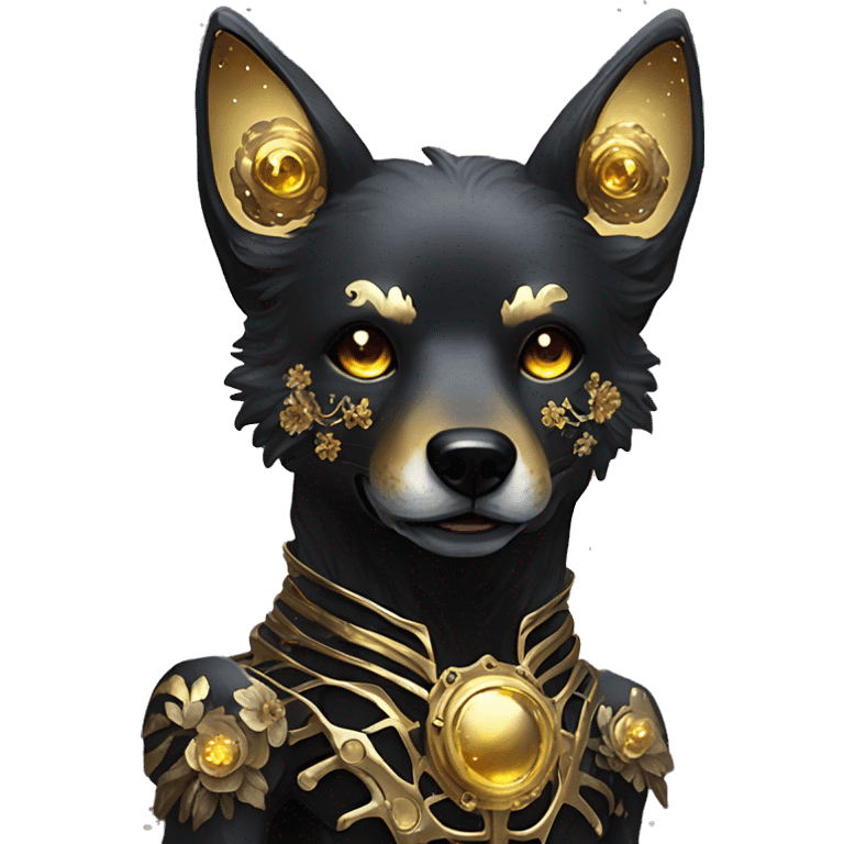 Black iridescent dog fox face head zombie skeleton gold mechanical nebula galaxy stars flowers fairy lights vintage emoji