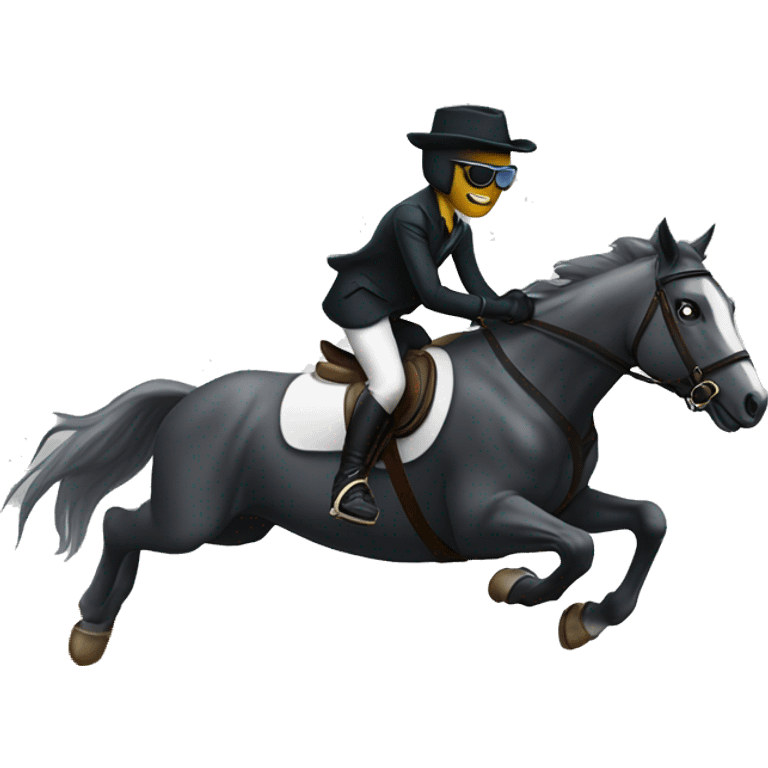 Horse jumping an obstacle with rider who’s in ghost costume with sunglasses emoji