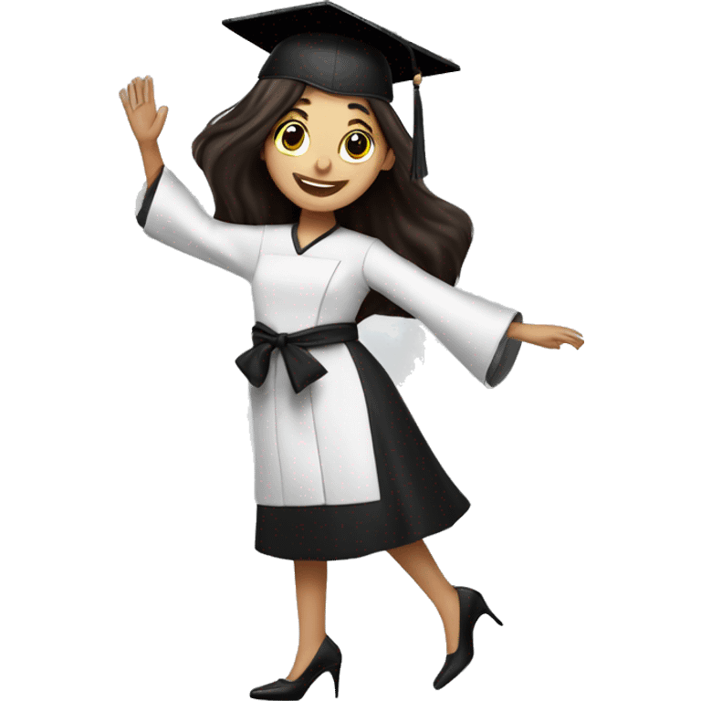 Girl with long dark brown hair, long eyelashes, wearing black high heels, dancing celebrating graduation from cooking school emoji