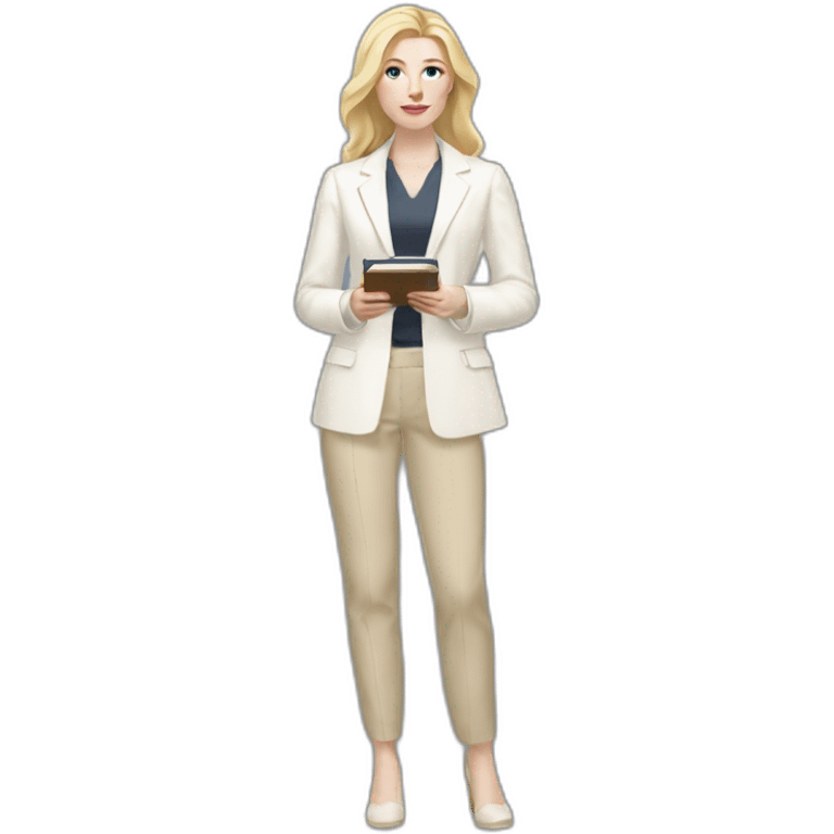 Full height pale skin woman with blonde Straightened Hair to shoulders, White classical jacket, beige Arrow pants holding a color palette in the hands emoji