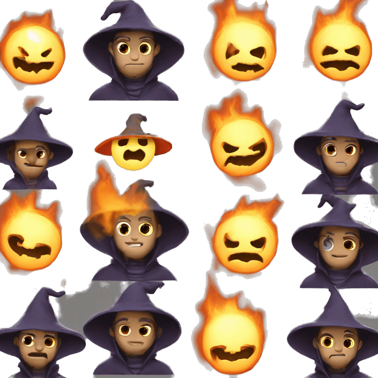 Human demonologist in a wizard costume, surrounded by a fiery halo, Halloween theme, emoji emoji