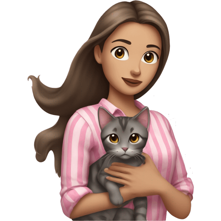 Brunette girl with straight hair in a pink blouse, holding a gray, striped, brown-eyed cat with a bow in her arms emoji