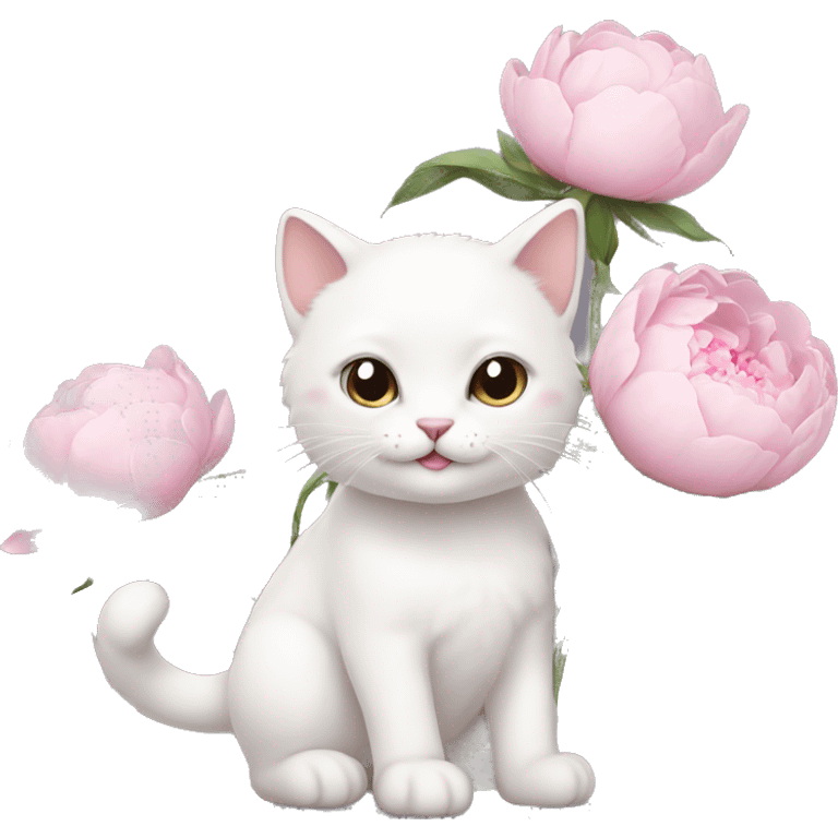 cute white cat holding light pink peonies emoji