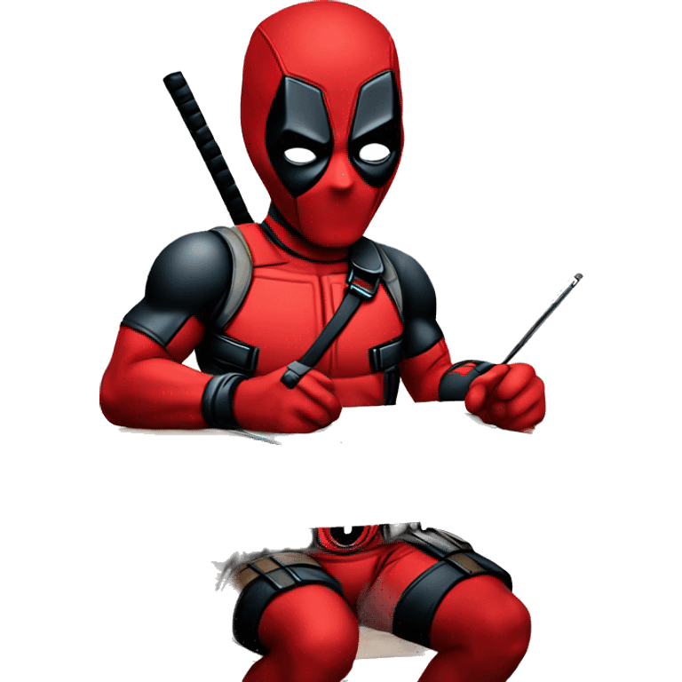 Cute Deadpool sitting at a desk, front view. make the face happy emoji