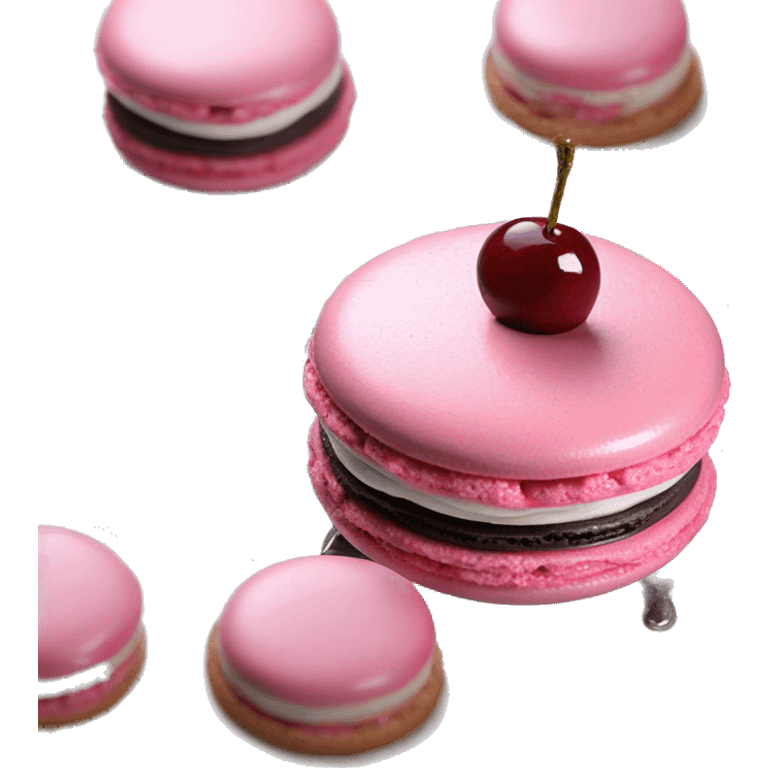 Single Realistic pastel macaron drizzled in metallic silver drip and pink cherry placed on top of the drip and cookies. emoji