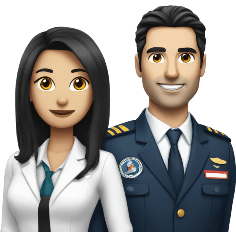 Flight attendant with long black hair and white skin with a pilot man with black hair emoji