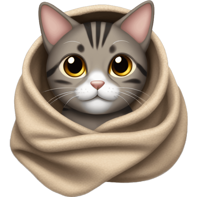 brown, gray and black tabby cat wrapped up in a blanket looking very cute  emoji