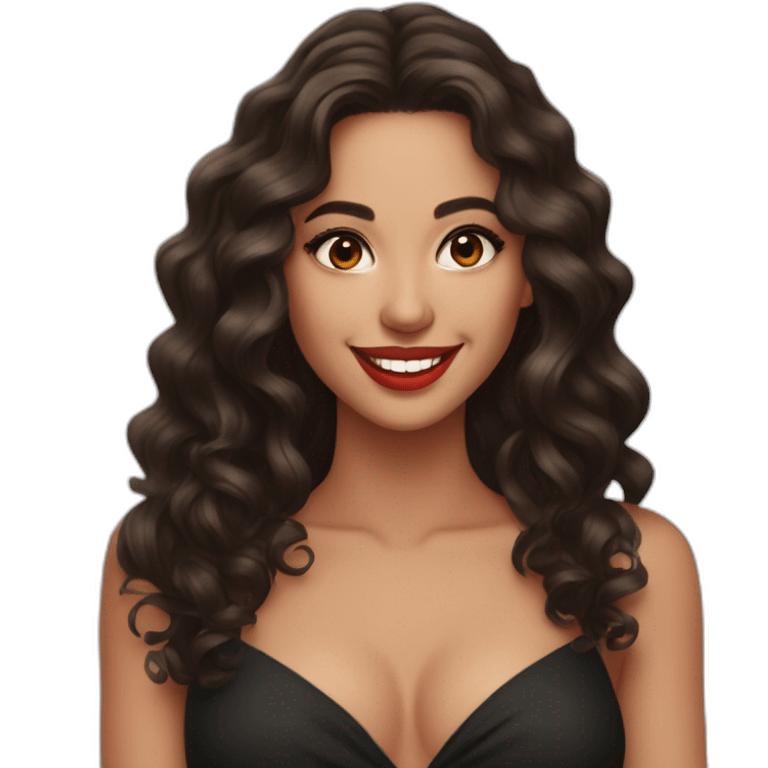 young moroccan woman with dark brown eyes, brown long curling hair with lighter tips, red lips, big smile, cleavage black dress emoji