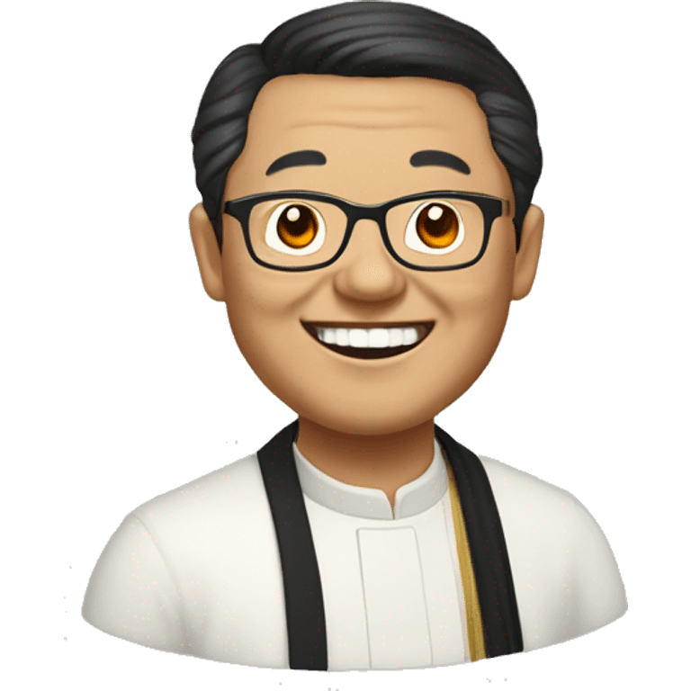 old catholic Hmong priest with black hair, smiling with teeth and glasses emoji