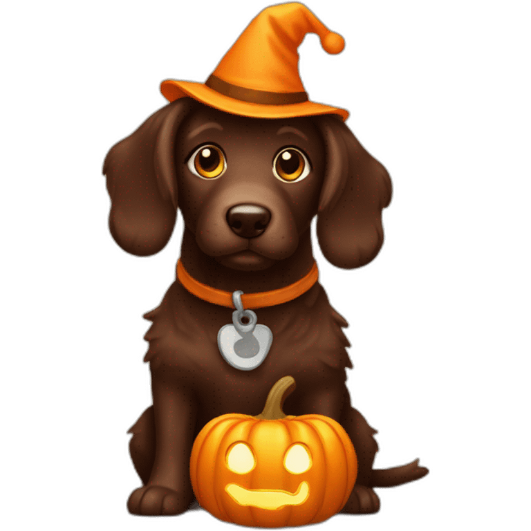 A chocolate doodle dog with a jack on lantern on its head emoji