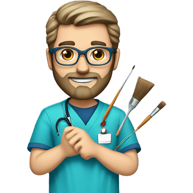 male dark blond haired doctor with grey van dyke beard with hazel eyes and small wire-rimmed glasses in blue scrubs holding a large paintbrush emoji