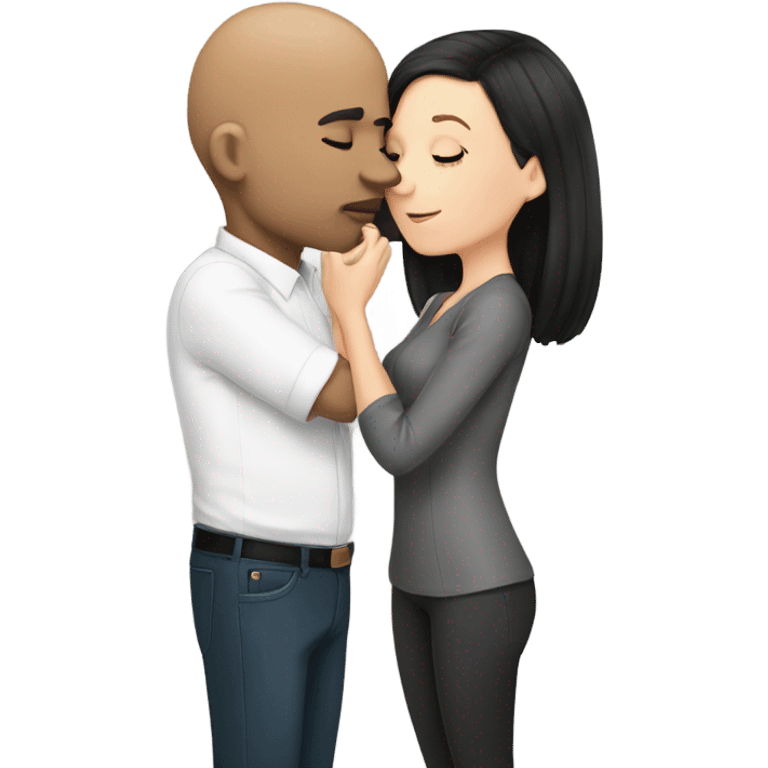 White girl dark hair kissing bald black man emoji