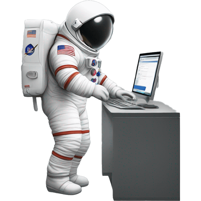 a full-length astronaut reaches for a computer emoji