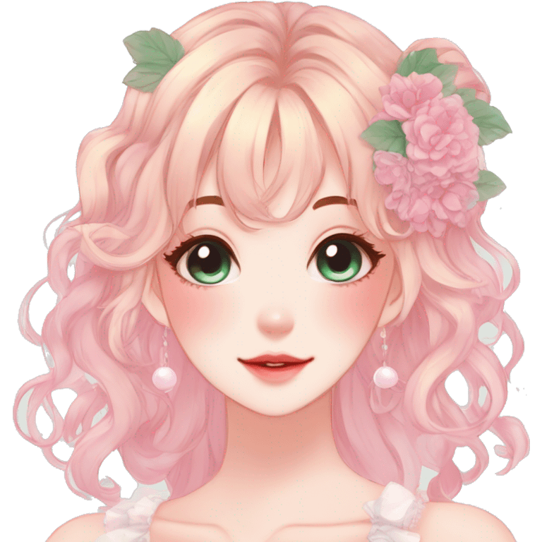 Gorgeous anime style lady with blushing face and accessories cottagecore fairycore  Kawaii anime colorful pearly romantic simplistic aesthetic trending stylea emoji