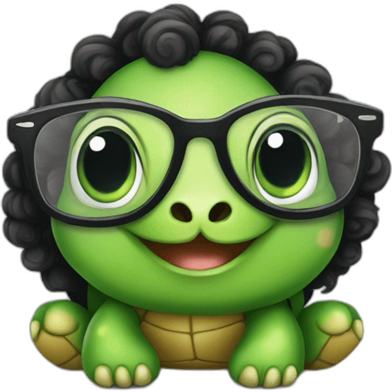 Cute Turtle with glasses and long black curly hair emoji