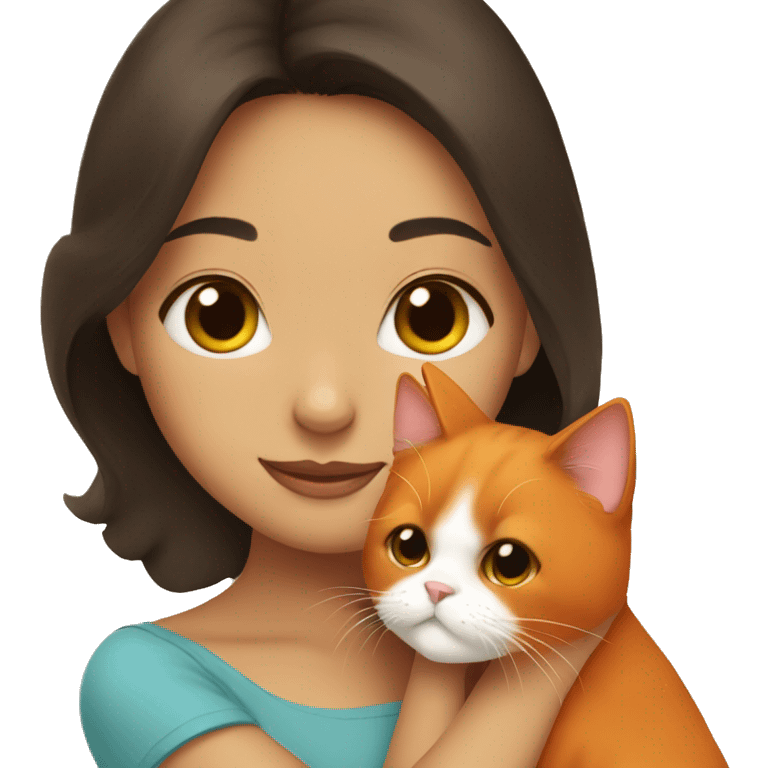 Girl with dark brown hair hugging a orange  himalayan cat  emoji