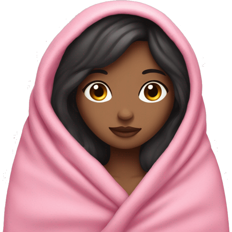 Woman with dark hair and blue eyes snuggled in a pink blanket emoji